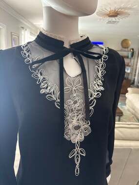 Mocha Apparel M|2 Black Victorian Style Blouse with Mesh Floral Embroidery and V